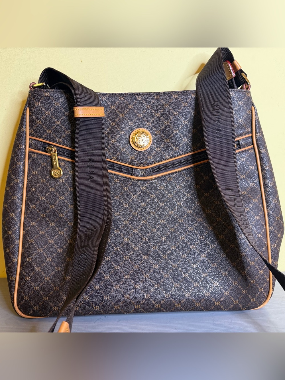 Rioni Aletta Brown Messenger crossbody Bag with Tan Trim and Brown Strap